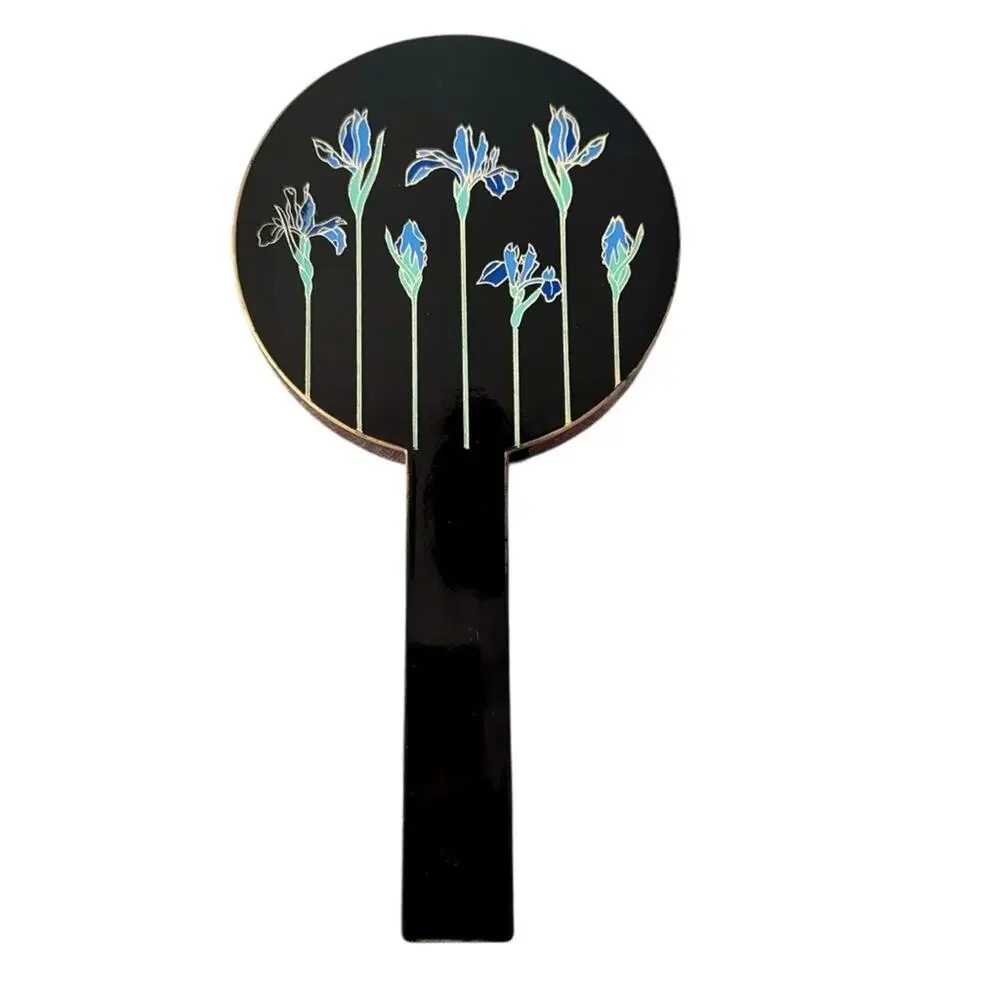 Vintage Otagiri Double Hand Mirror Nesting Black Lacquer Iris Floral Japanese